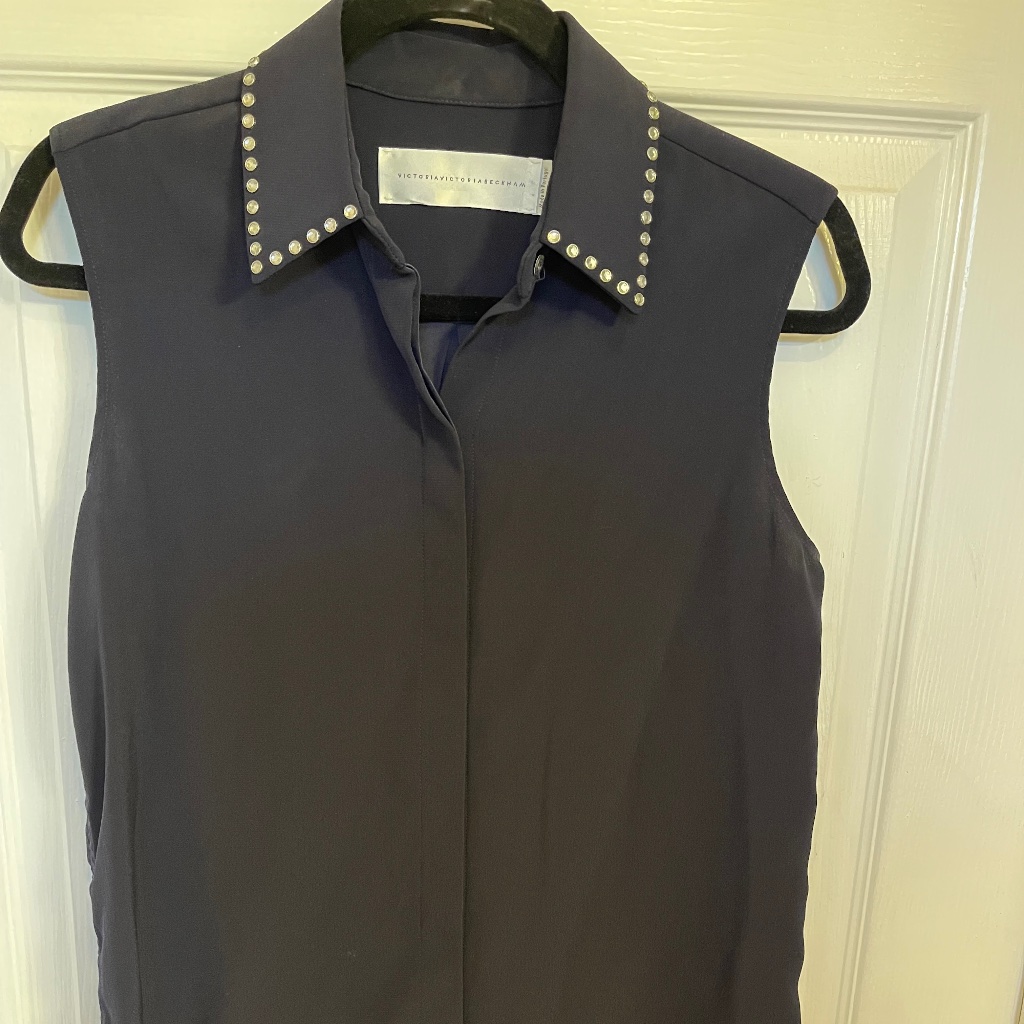 Victoria Beckham Sleeveless Navy Blouse With Studded Collar